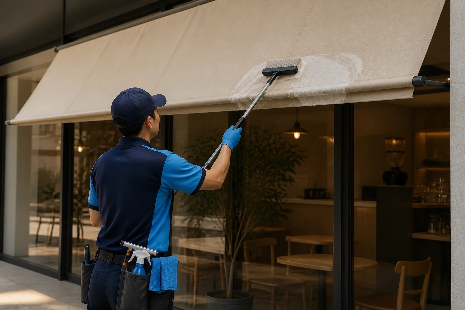 베이지색 매장 어닝 표면을 브러시로 청소하는 작업자